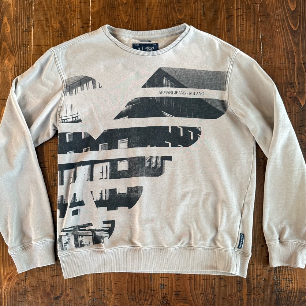Armani Jeans Crewneck Logo Graphic Sweatshirt Light Gray Sz Medium EUC